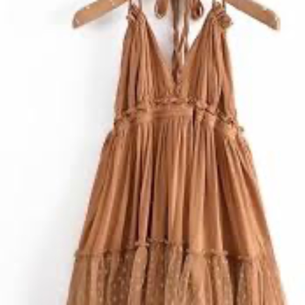 Khaki Swiss Dot Mesh Boho Halter Mini Dress